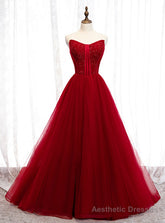 Burgundy Tulle Sweetheart Beading Long Prom Dress